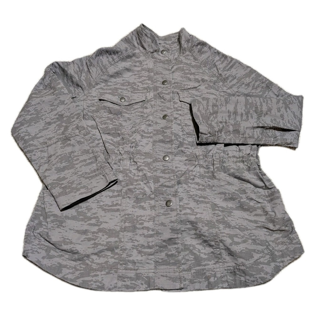 Eddie Bauer Gray Camo Adventurer Hiking Parka Women's L Hooded Jacket Buttonsnap